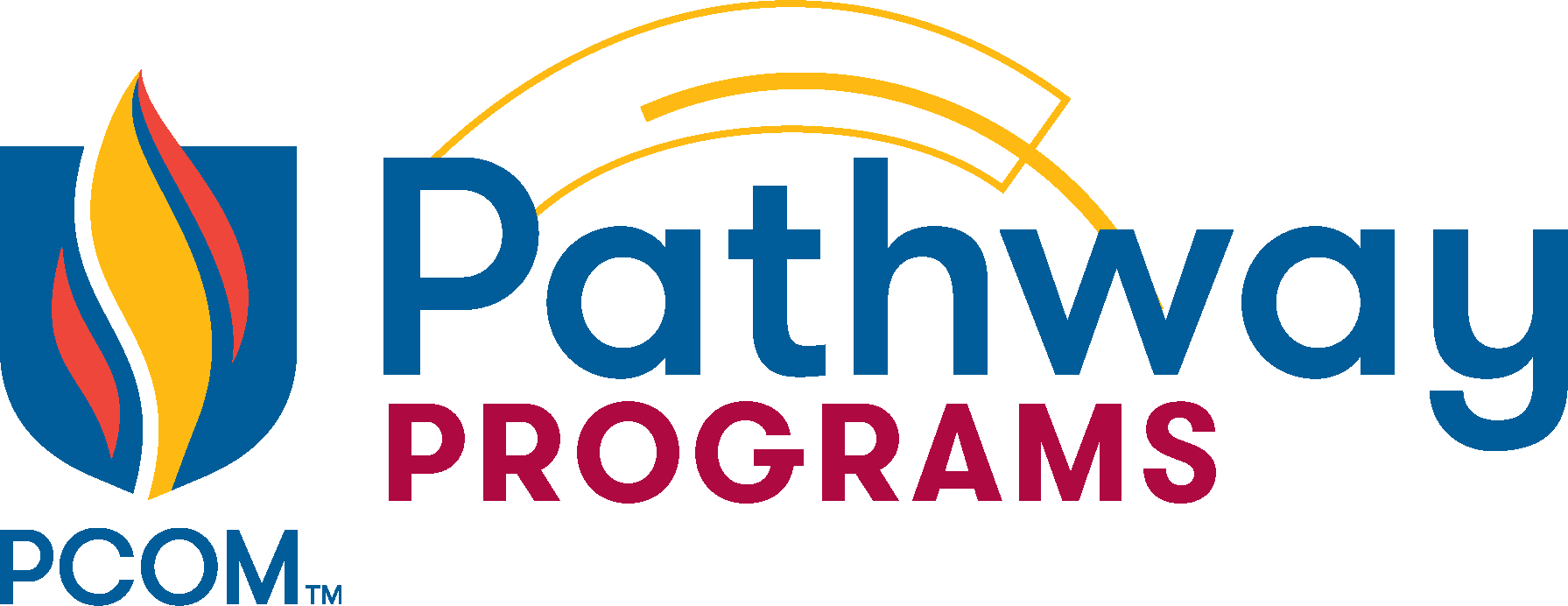PCOM Pathway Programs logo with PCOM flame logo and vector artwork elements