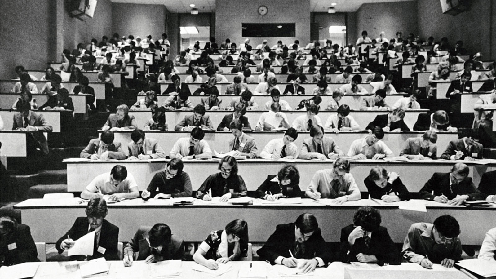 Students learning in the amphitheater in Evans Hall