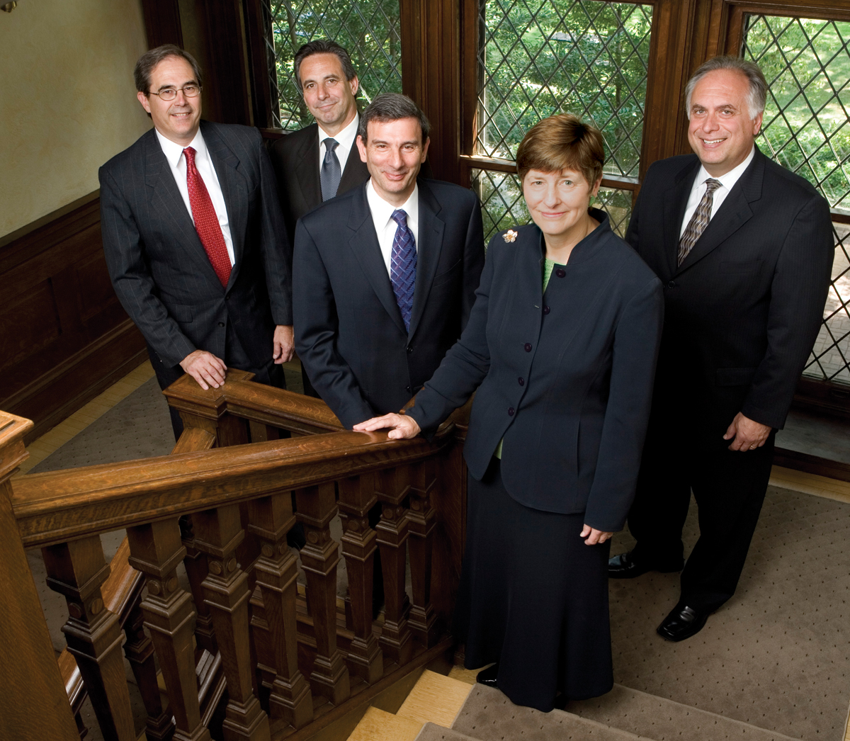 Members of the PCOM executive leadership team in 2007. Left to right: Kenneth Veit, DO '76, Robert Cuzzolino, EdD, Matthew Schure, PhD, Florcen Zeller, MPA, and Peter Doulis.
