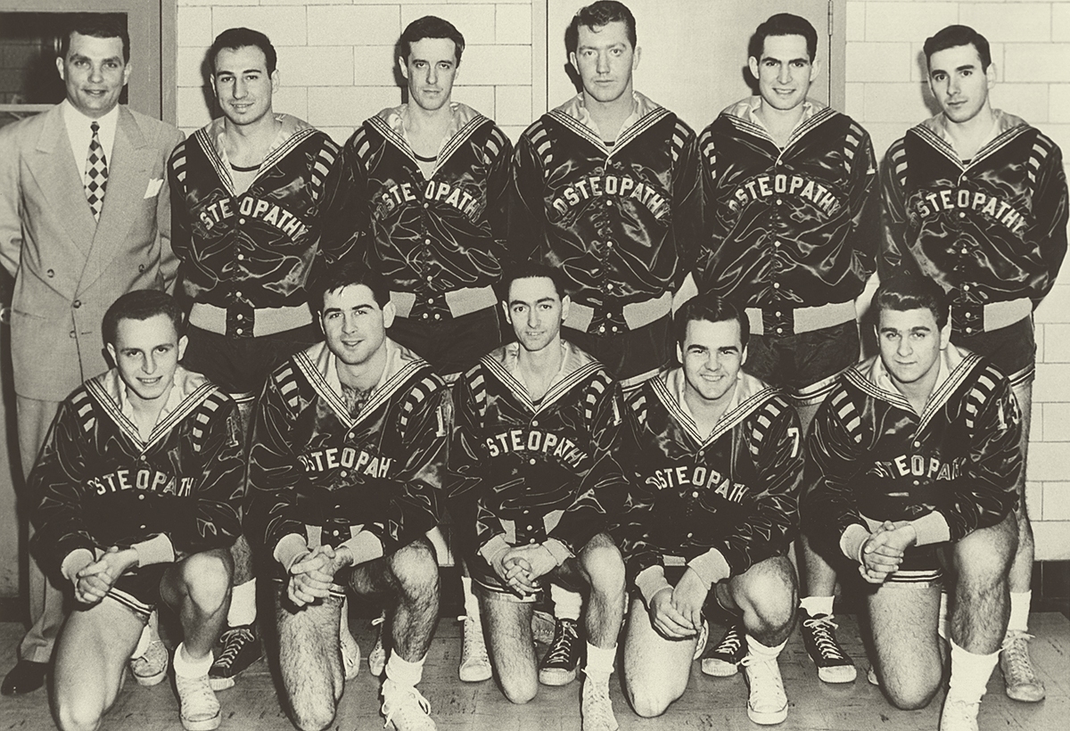 Group photo of the PCO basketball team, circa 1954.