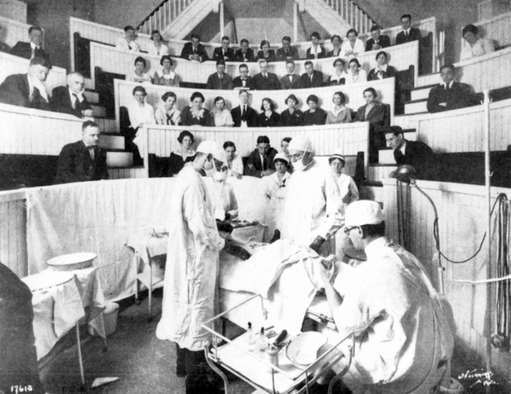 The Spring Garden Street campus and hospital location featured a surgical amphitheater. Medical and nursing students observe a 1924 surgery demonstration.