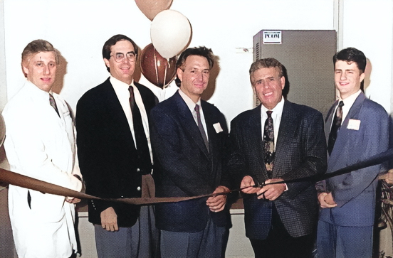 Participating in the 1994 ribbon cutting ceremony of the Clinical Learning Lab, from left to right, are Jeffrey Freeman, DO, Kenneth Veit, DO '76, Anthony Errichetti, PhD, Leonard Finkelstein, DO '59, and Matthew Haley, DO '96.