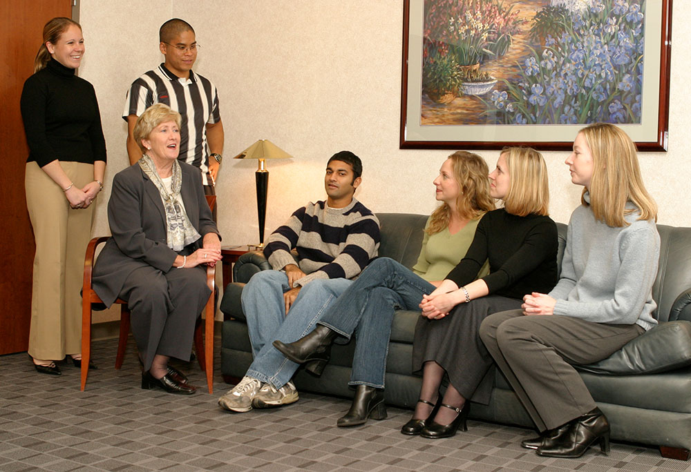Carol A. Fox, MM, associate vice president for enrollment management, speaks with prospective students in the admissions office (2004).