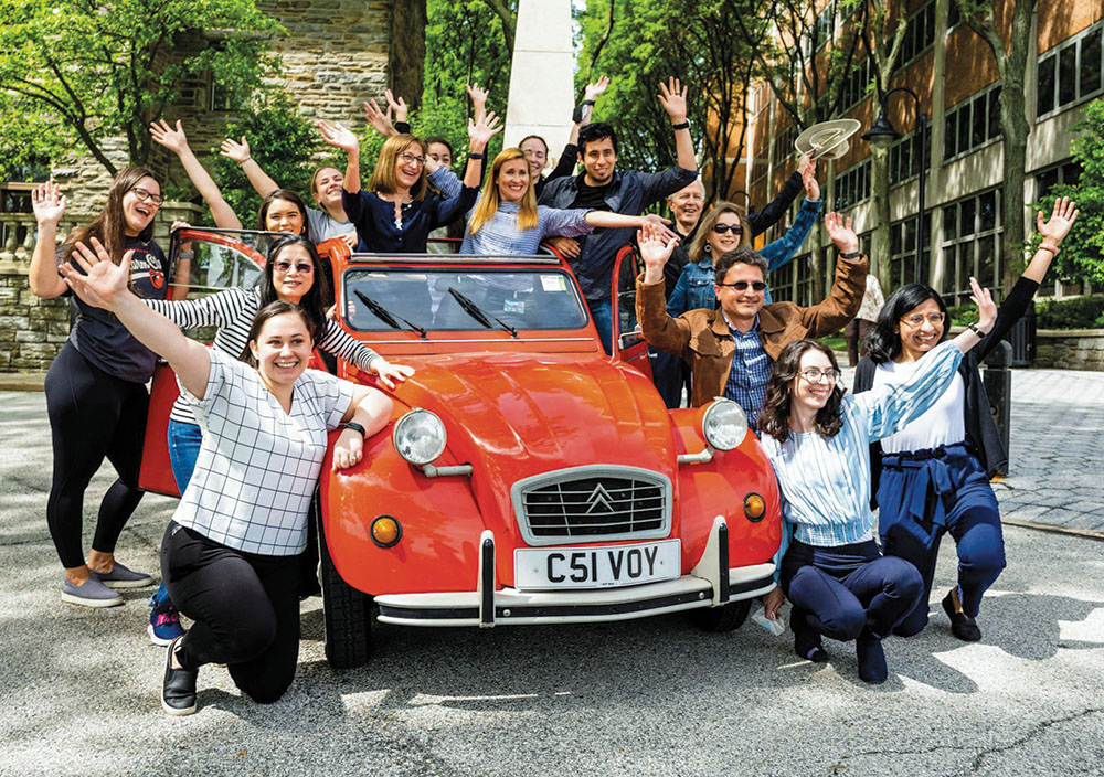 Traveling in a refurbished 35-year-old, 29-horsepower Citroen 2CV, the Kennedy's Disease Association's “Great Road Trip” visited PCOM on May 18, 2022 to draw awareness to this rare genetic disease.