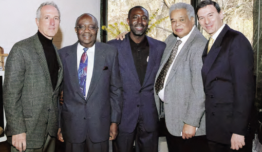 A 2003 reception honored O.J. Snyder Memorial Medal recipient Leonard W. Johnson, DO '64 and also supported the Minority Scholarship Fund. Pictured are Jay Rosan, DO '71; Dr. Johnson; J. Steve Blake, DO '89; William M. King, DO '62; and PCOM president Matthew Schure, PhD.