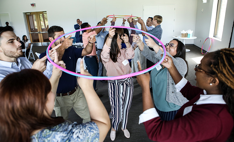 Team building exercise with the PCOM South Georgia DO Class of 2023 during a 2019 welcome lunch.