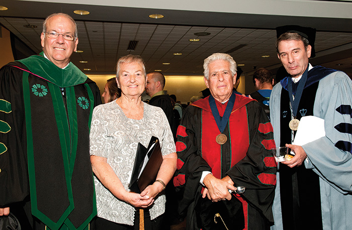 Three PCOM presidents in one photo. Pictured left to right: Jay Feldstein, DO '81, executive assistant to the president Lavinia “Vinnie” Lafferty, Leonard Finkelstein, DO '59, and Matthew Schure, PhD.