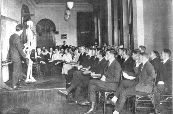 Osteopathic medicine students in a classroom in an undated photo.