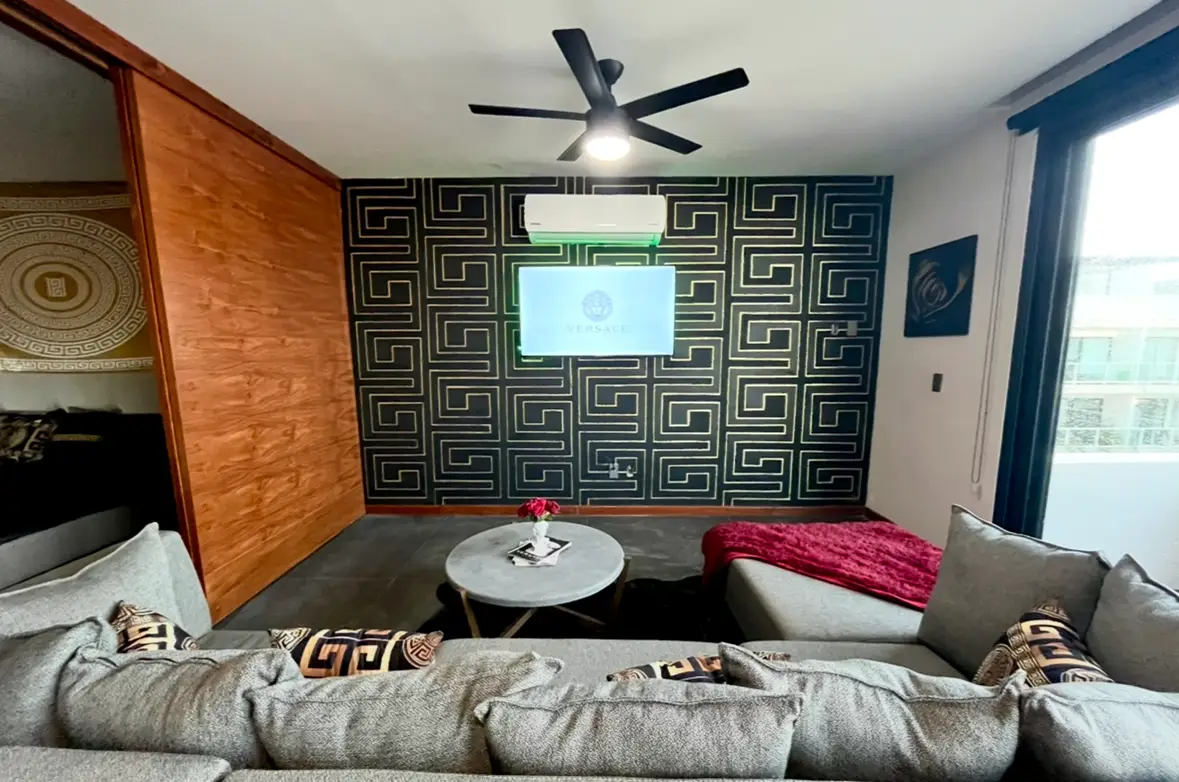 A wall painted in geometric patterns