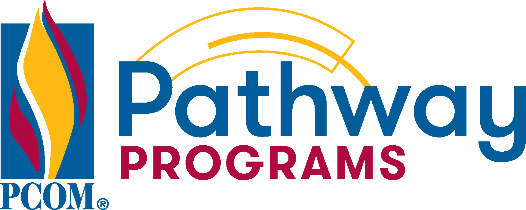 PCOM Pathways Program logo with PCOM flame logo and vector artwork elements