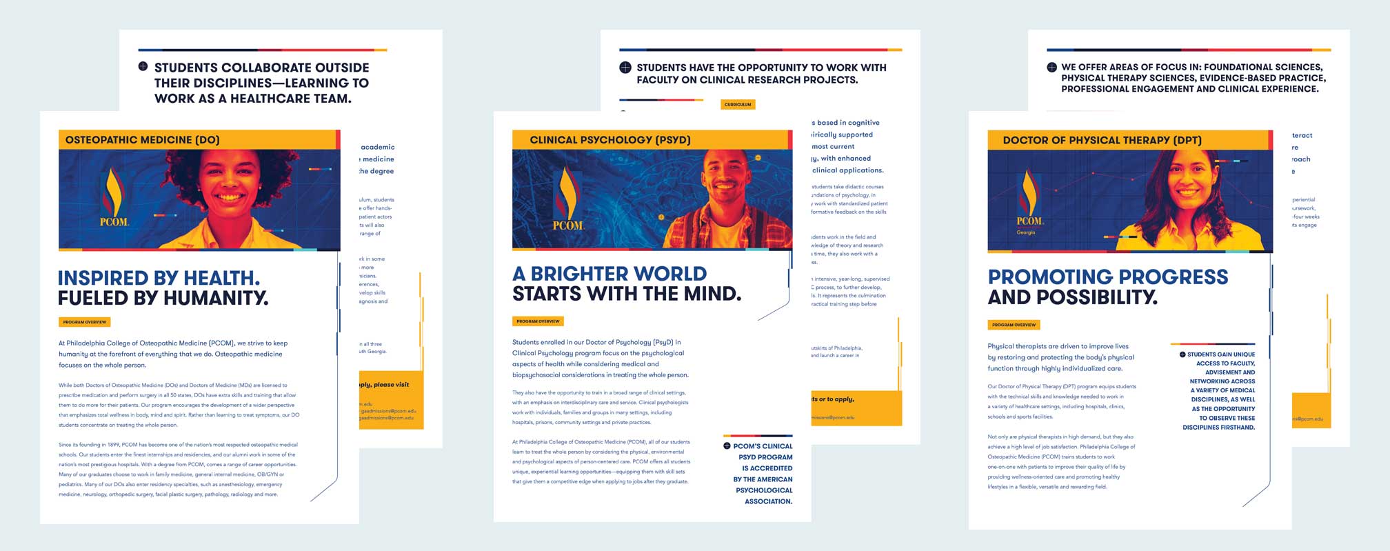 Photo of three PCOM admissions brochures highlighting the College's various degree programs.