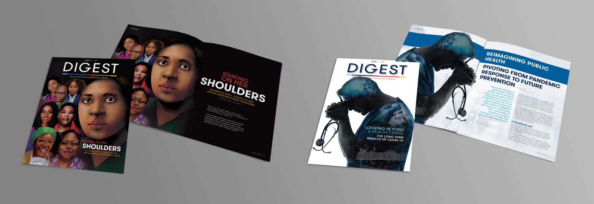 Photos of featured stories from PCOM Digest Magazine publication