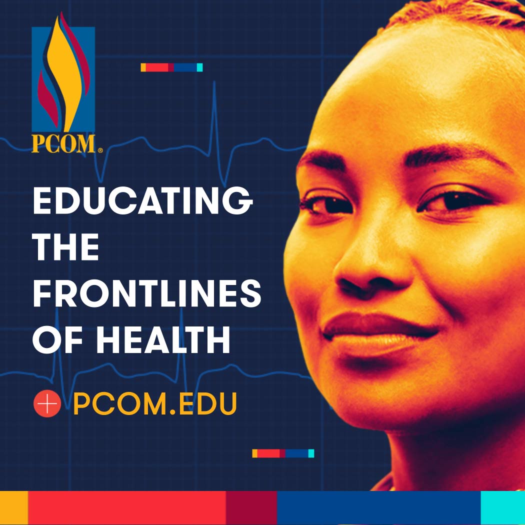 PCOM digital ad with a young woman's face and the text "Educating the Frontlines of Health"