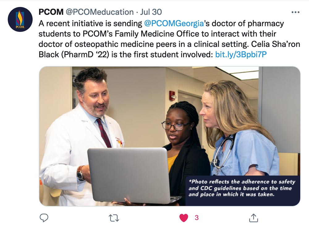 PCOM brand social media post highlighting pharmacy and family medicine interprofessional education