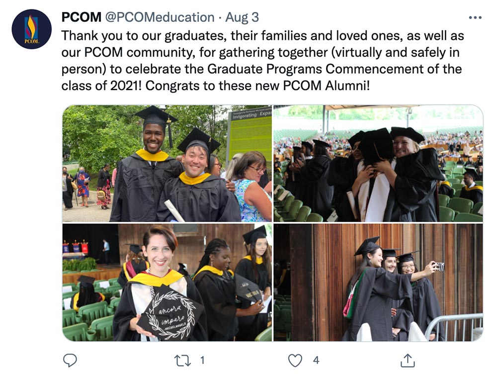 PCOM brand social media post showcasing Philadelphia DO program commencement 2021