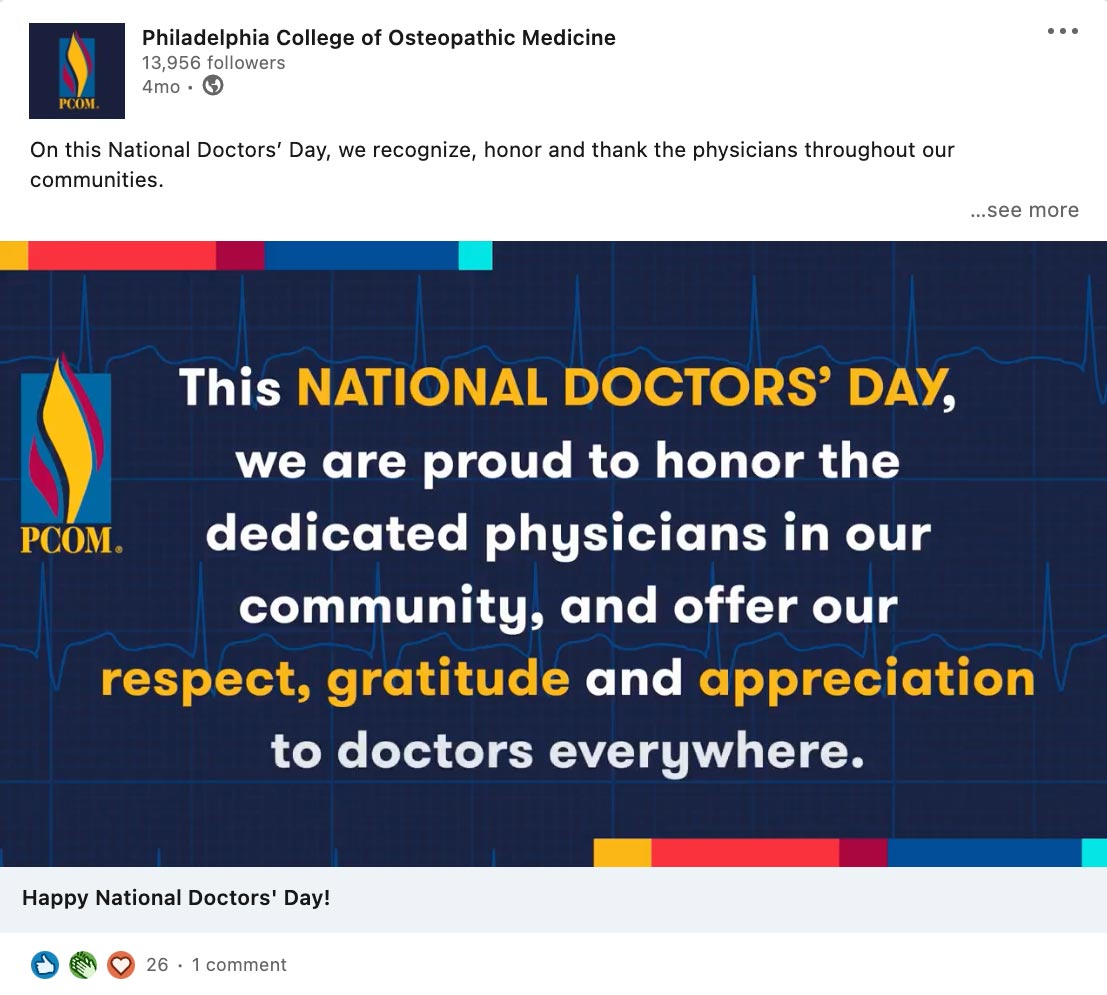 PCOM brand social media post highlighting National Doctor's Day 2021