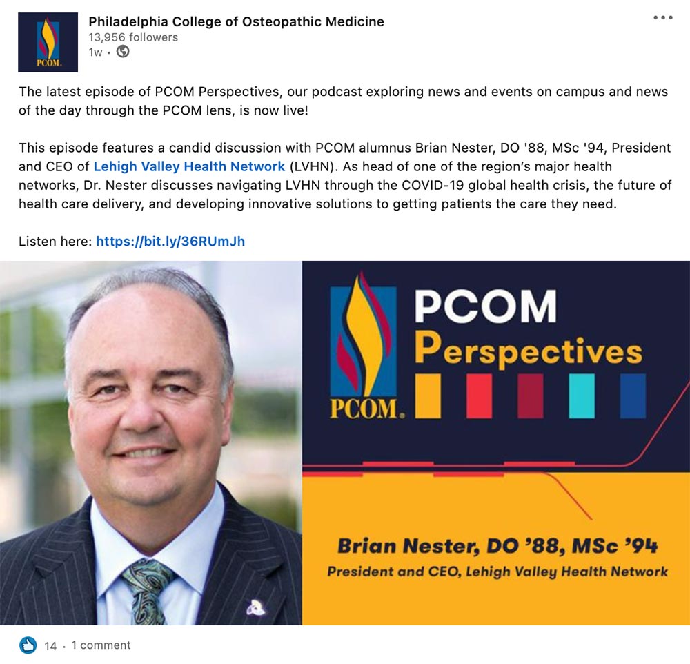 PCOM brand social media post PCOM perspectives alumni feature
