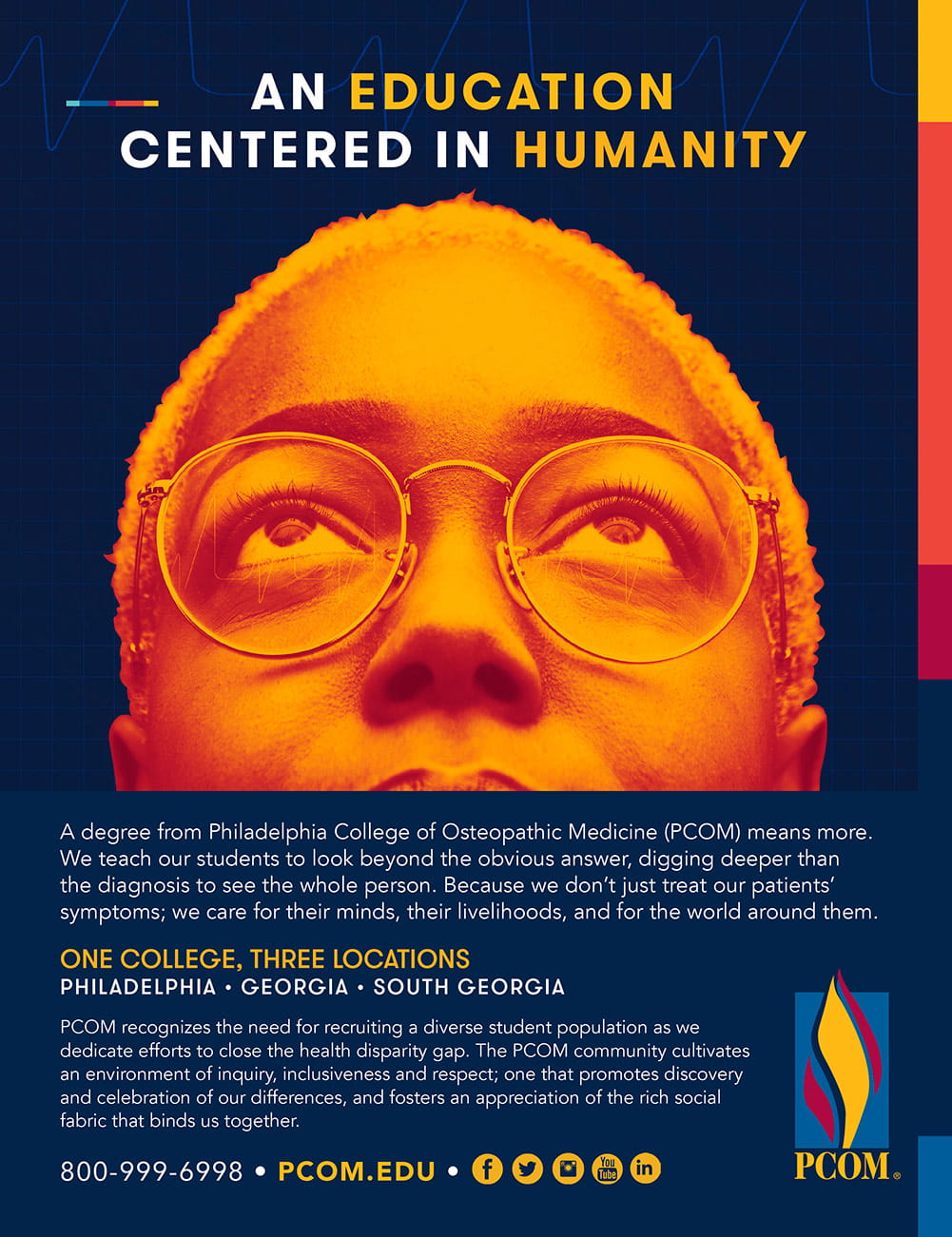 PCOM print ad featuring a female grad student looking up and the text: "An Education Centered in Humanity"