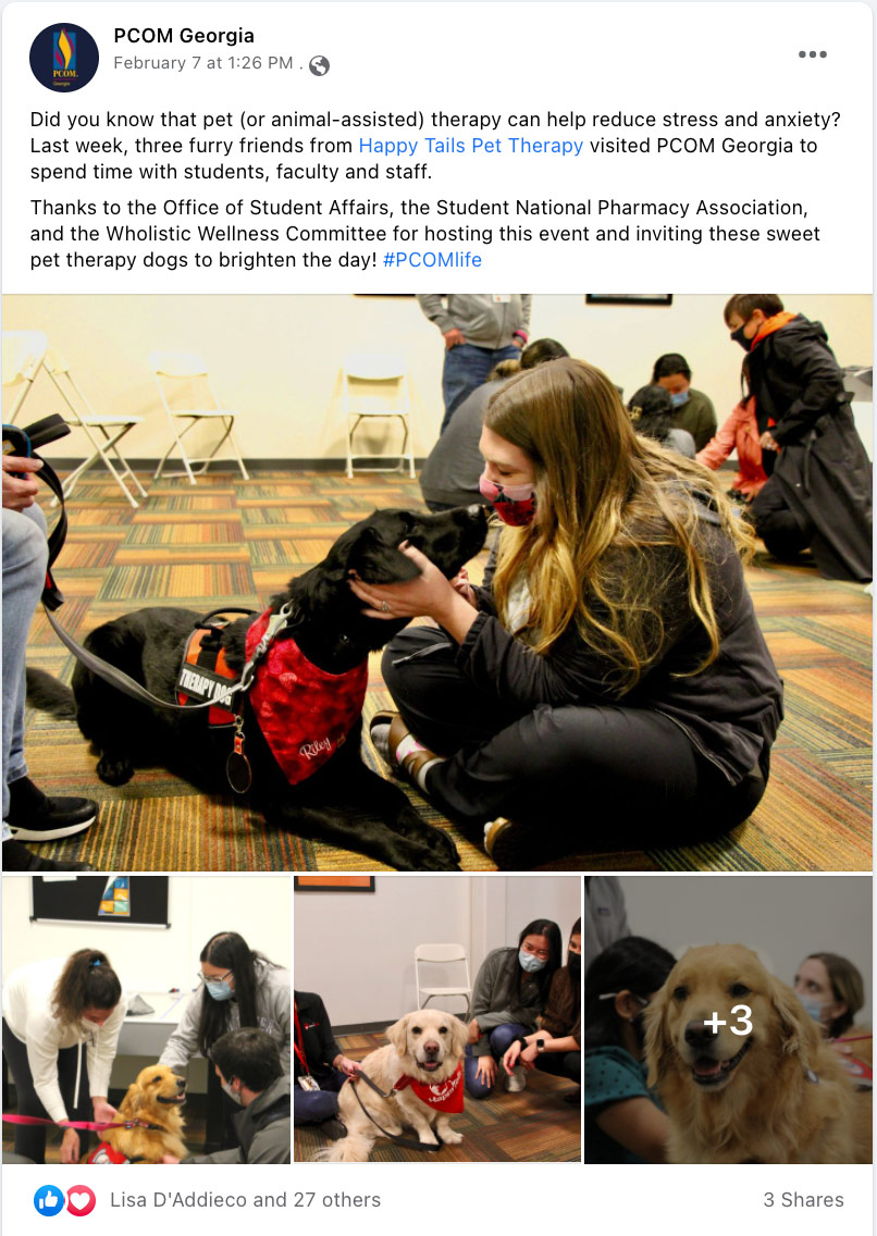 Social media post showcasing pet therapy visits at PCOM Georgia