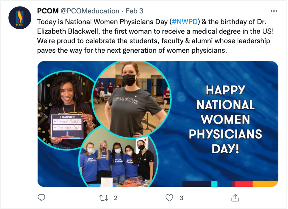 PCOM brand social media post featuring National Women Physician Day