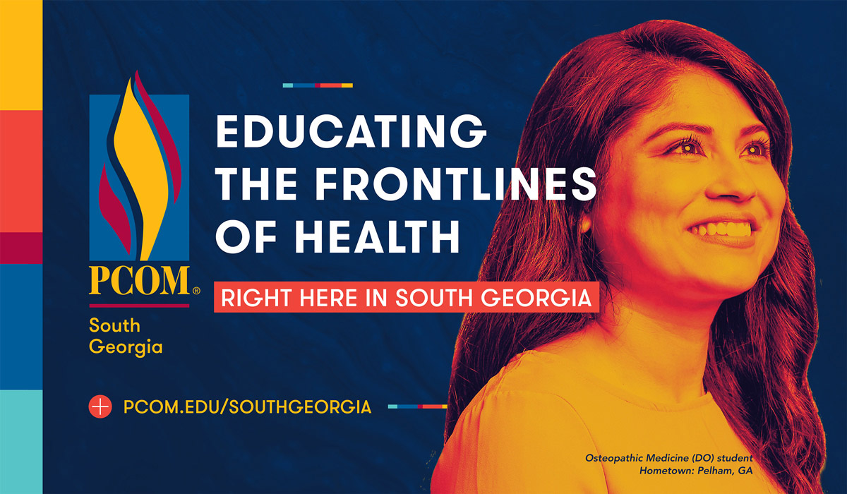 PCOM South Georgia billboard "Educating the Frontlines of Health Right Here in South Georgia"