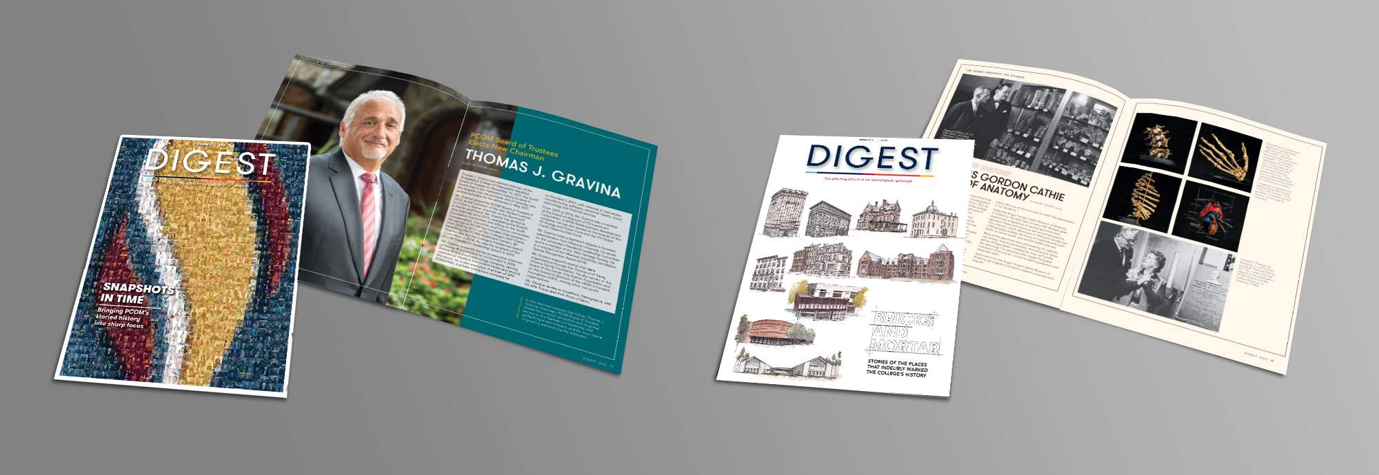 Example of PCOM Digest print magazine covers and layouts