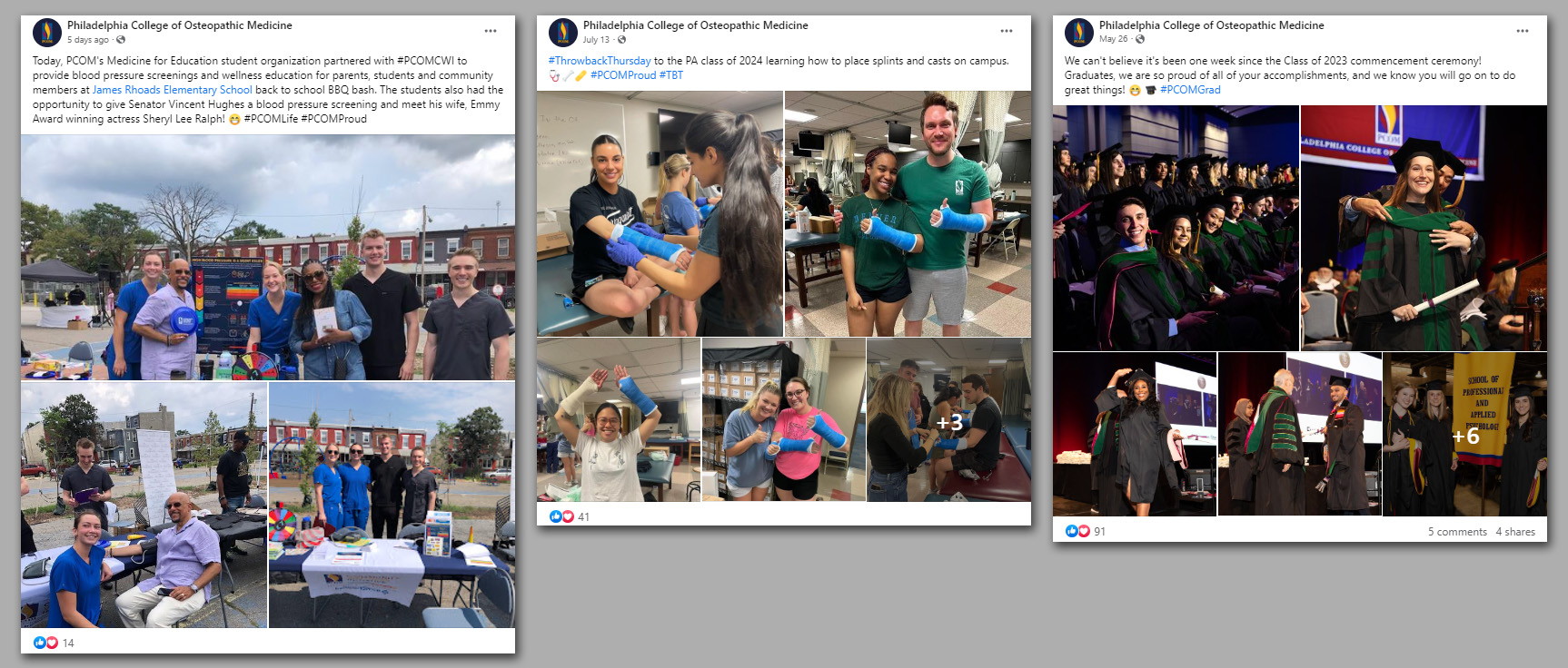 Social media posts from PCOM's Philadelphia campus