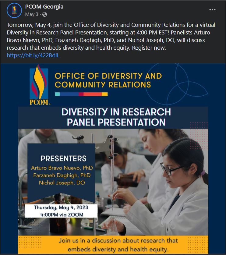 Social media post highlighting  a panel discussion on diversity in research