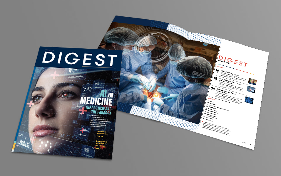 Cover and layouts within Digest, PCOM's printed alumni magazine
