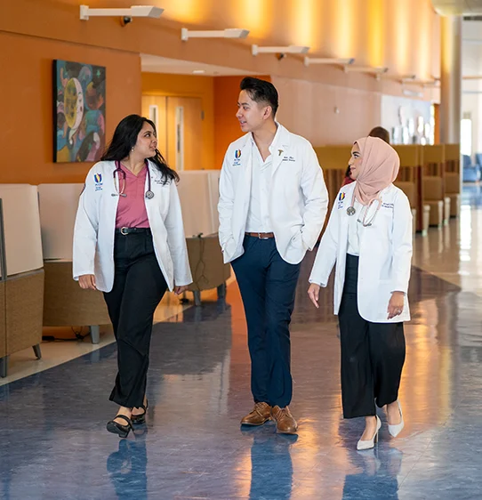Three med students smile as they walk and talk in the main hallway within PCOM Georgia's primary campus building
