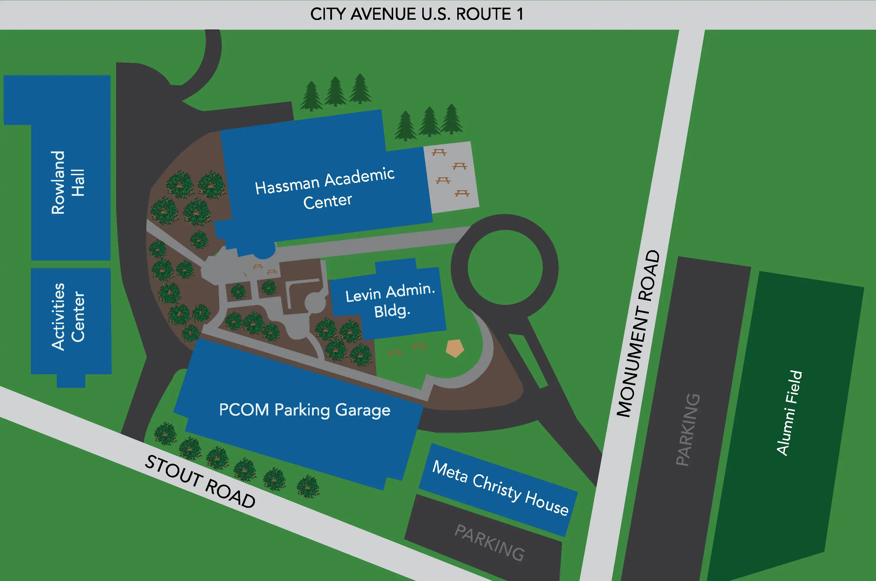 PCOM campus map illustration for Philadelphia, PA camps