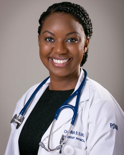 Professional headshot photograph of Channa Blakely, DO '19, in her white coat