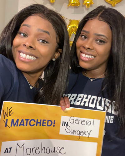 Identical twins, Raven Hill, DO ’21 and Ryan Hill, DO ’21, both matched into a general surgery residency program at Morehouse School of Medicine in Atlanta.