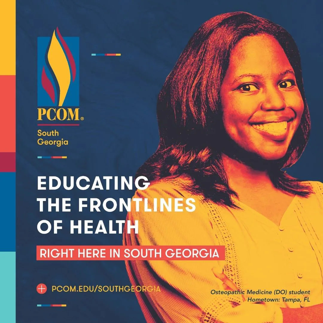 Billboard marketing material for PCOM South Georgia featuring a med student smiling in stylized yellow coloring.