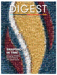 Cover of PCOM Digest Magazine 1 - 2022, with illustration of a burnt out physician