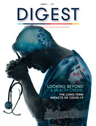 Cover of PCOM Digest Magazine 2 - 2021, with illustration of a burnt out physician