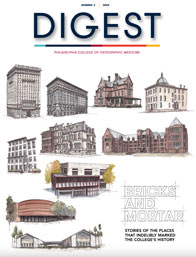 Cover of PCOM Digest Magazine 2 - 2022, with illustrations of past and present PCOM buildings