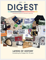 Cover of PCOM Digest Magazine 1 - 2023, with illustrations of past and present PCOM buildings