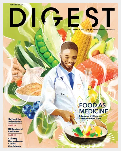 Digest Magazine cover featuring healthy food montage and young man in white coat cooking food