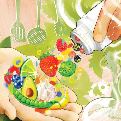 Color drawing of fruits and vegetables being poured from a salt shaker into an open palm