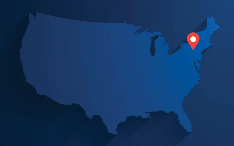 Map of United States with red arrow over Philadelphia