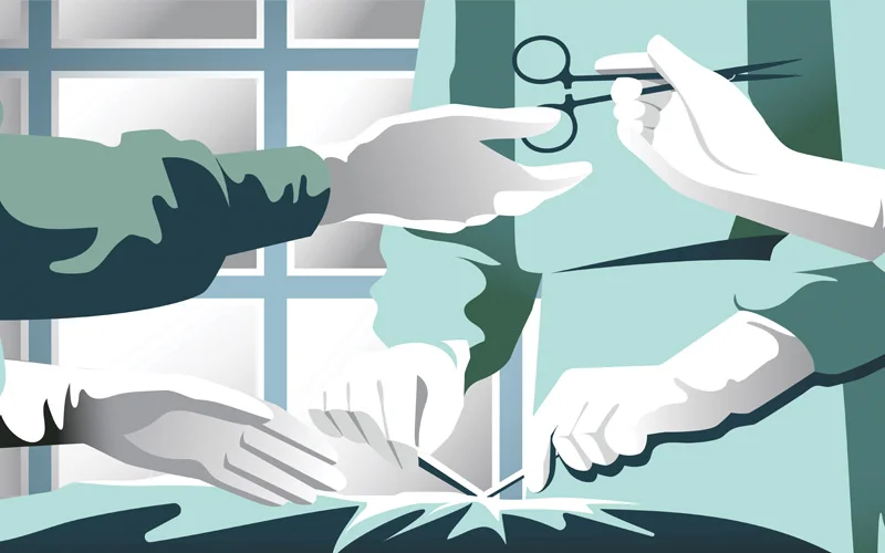 Animated image of surgeons hands passing surgical tools