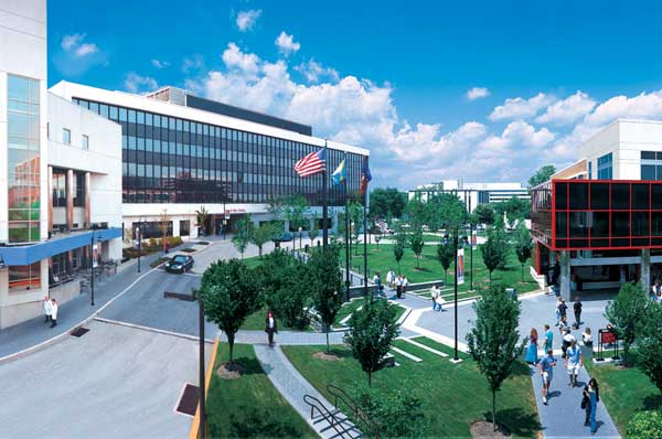 Aerial view of PCOM's campus and grounds in the early 1990s