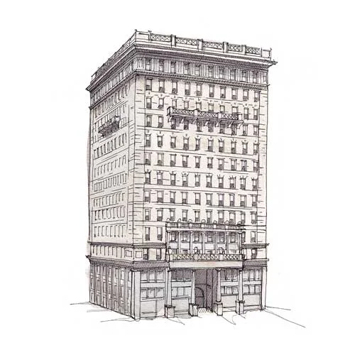 Sketch of the Stephen Girard Building in Philadelphia, PCOM's first official location