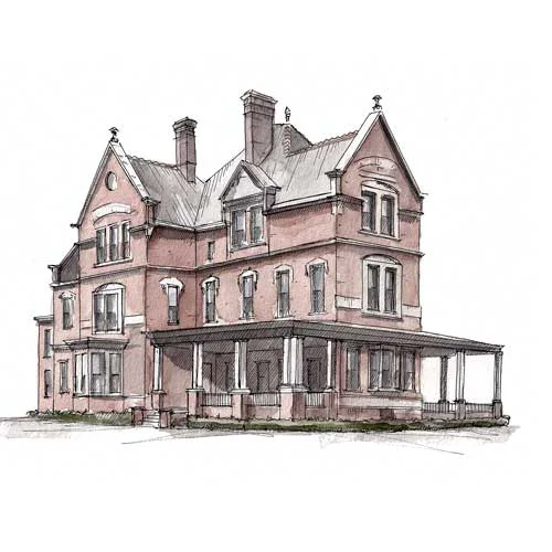 Sketch of a large victorian home in Philadelphia that served as one of PCOM's first campus locations.