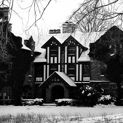 Black and white photo of the Moss Estate mansion on City Avenue