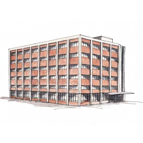 Color sketch of PCOM's Evans Hall (now the Hassman Academic Center).