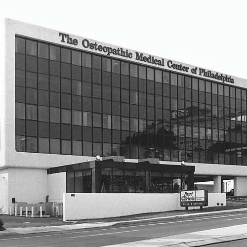 Black and white photo of PCOM's medical office building at 4190 City Avenue (now Rowland Hall).