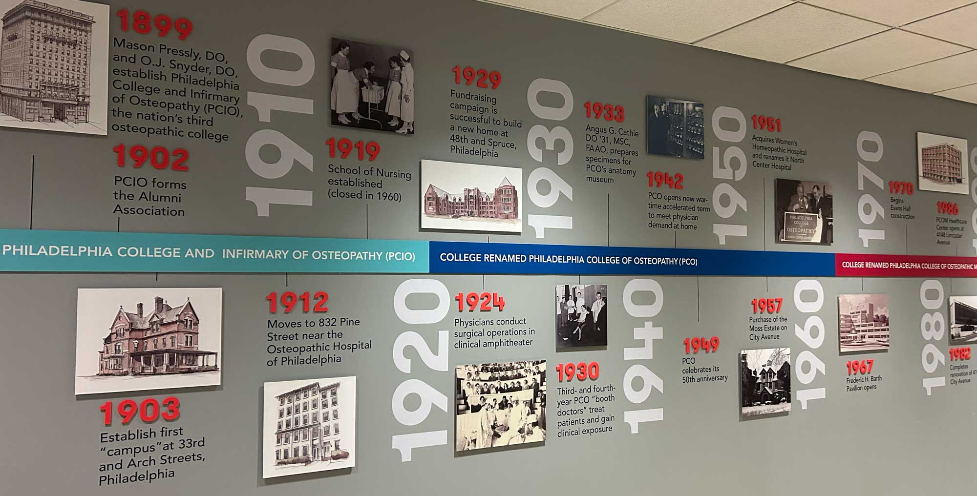 Wide shot of the PCOM timeline installment inside the lobby of the Hassman building at PCOM's Philadelphia campus