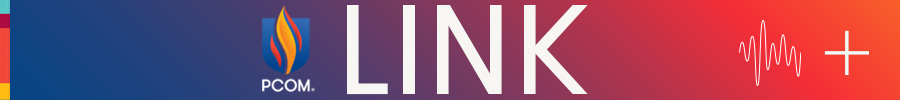 PCOM Link PCOM Link logo with "LINK" text, PCOM's logo, and graphic elements